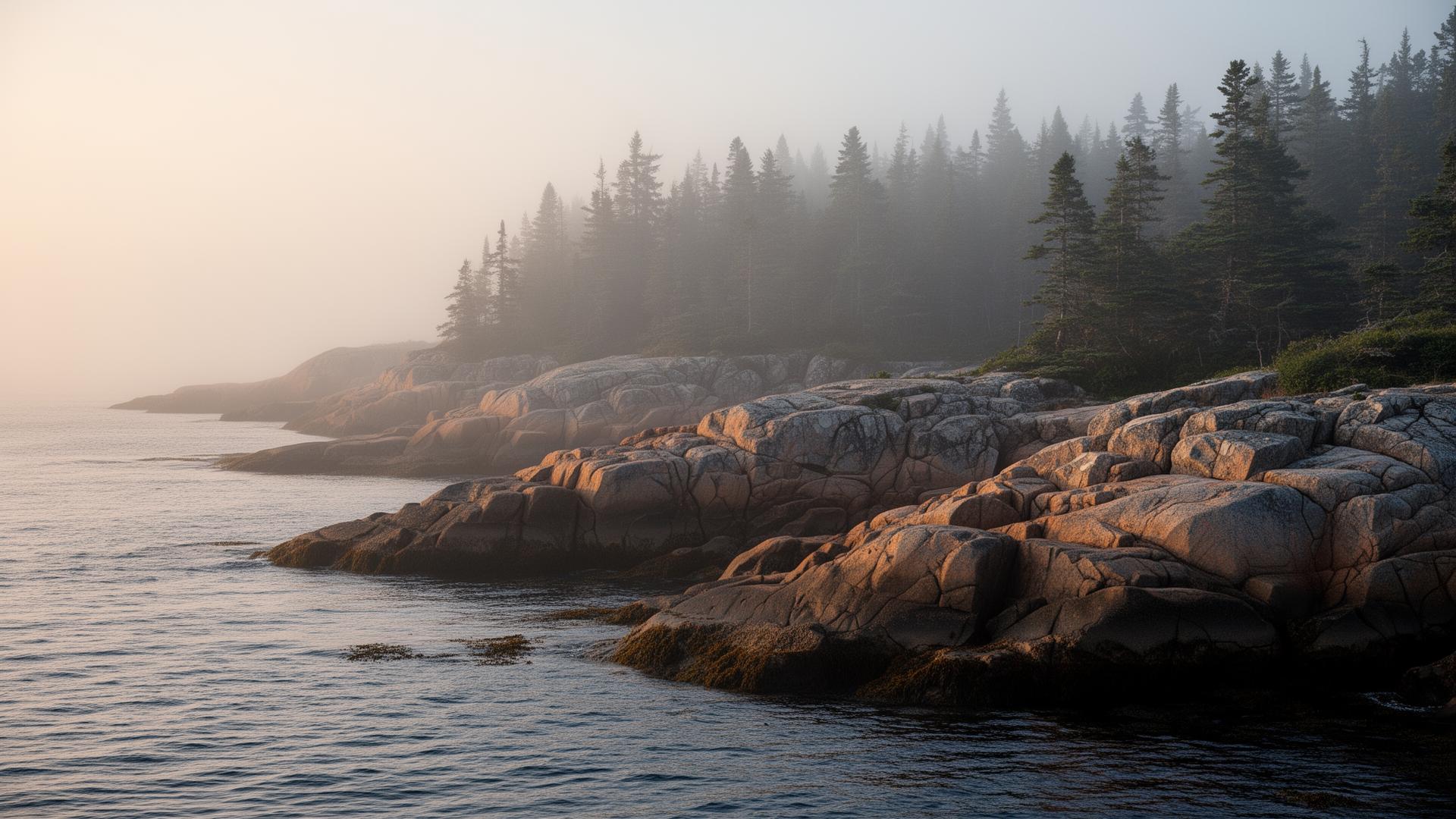 Foggy Maine coastline at golden hour with granite ledges and evergreen pines meeting the Atlantic